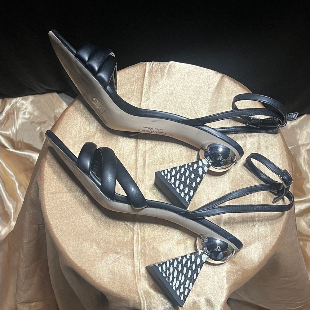 Black Braided Strap Heeled Sandals with Sculptural Geometric Heel
